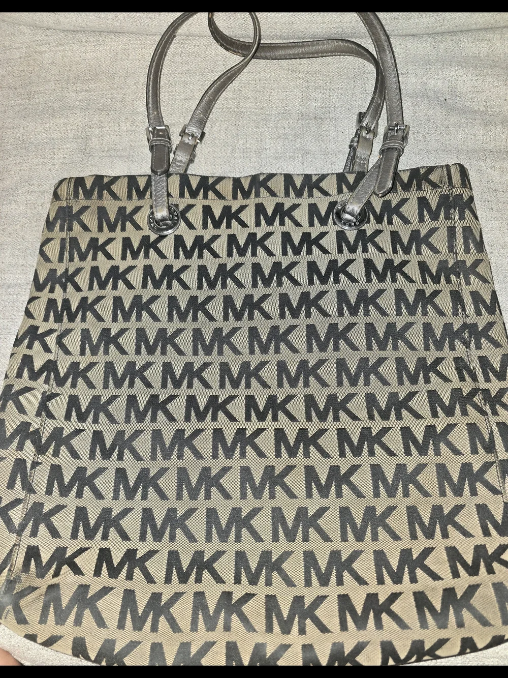 Michael Kors Tan Canvas MK Logo Tote with Black Print Used Large Travel